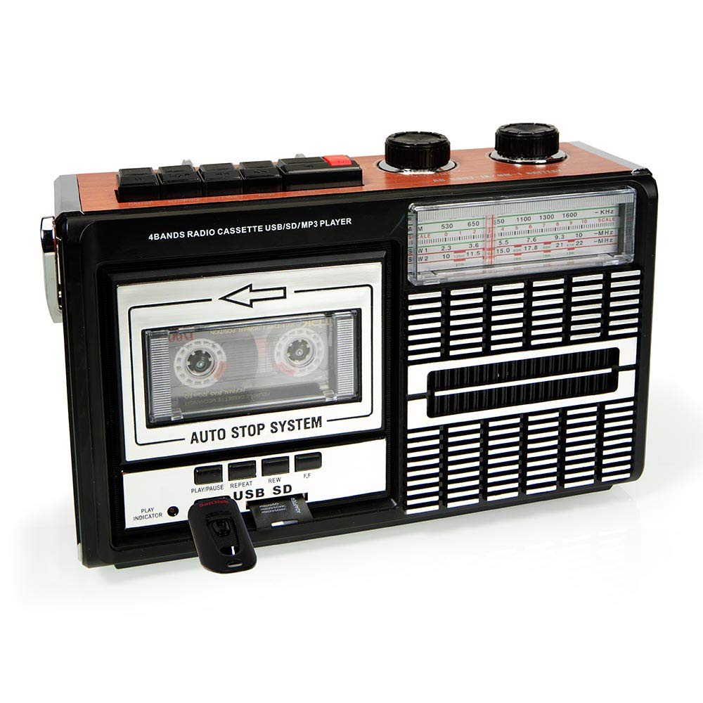 Ricatech PR85-80s cassette recorder, AM/FM/SW radio, USB, SD card slot, built-in microphone, auto stop, portable, 1x8 watt built-in speakers, headphone jack.