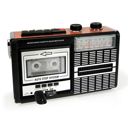 Ricatech PR85-80s cassette recorder, AM/FM/SW radio, USB, SD card slot, built-in microphone, auto stop, portable, 1x8 watt built-in speakers, headphone jack.