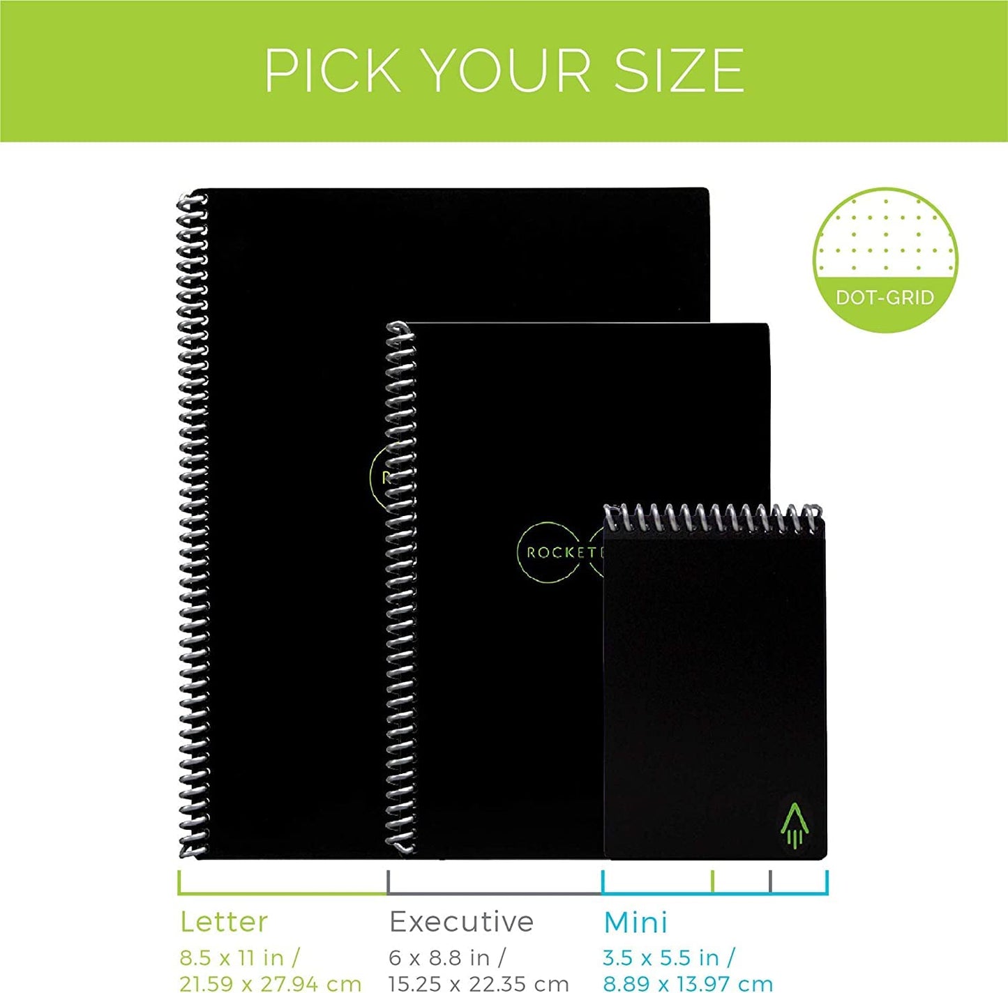 Rocketbook Core Reusable Digital Notebook - Executive A5 Black - Electronic Notepad with Dot Grid - ReWritable with incl. Pilot Frixion Pen and Microfiber Cloth