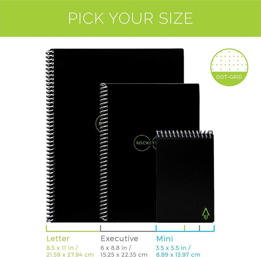 Rocketbook Core Reusable Digital Notebook - Executive A5 Black - Electronic Notepad with Dot Grid - ReWritable with incl. Pilot Frixion Pen and Microfiber Cloth