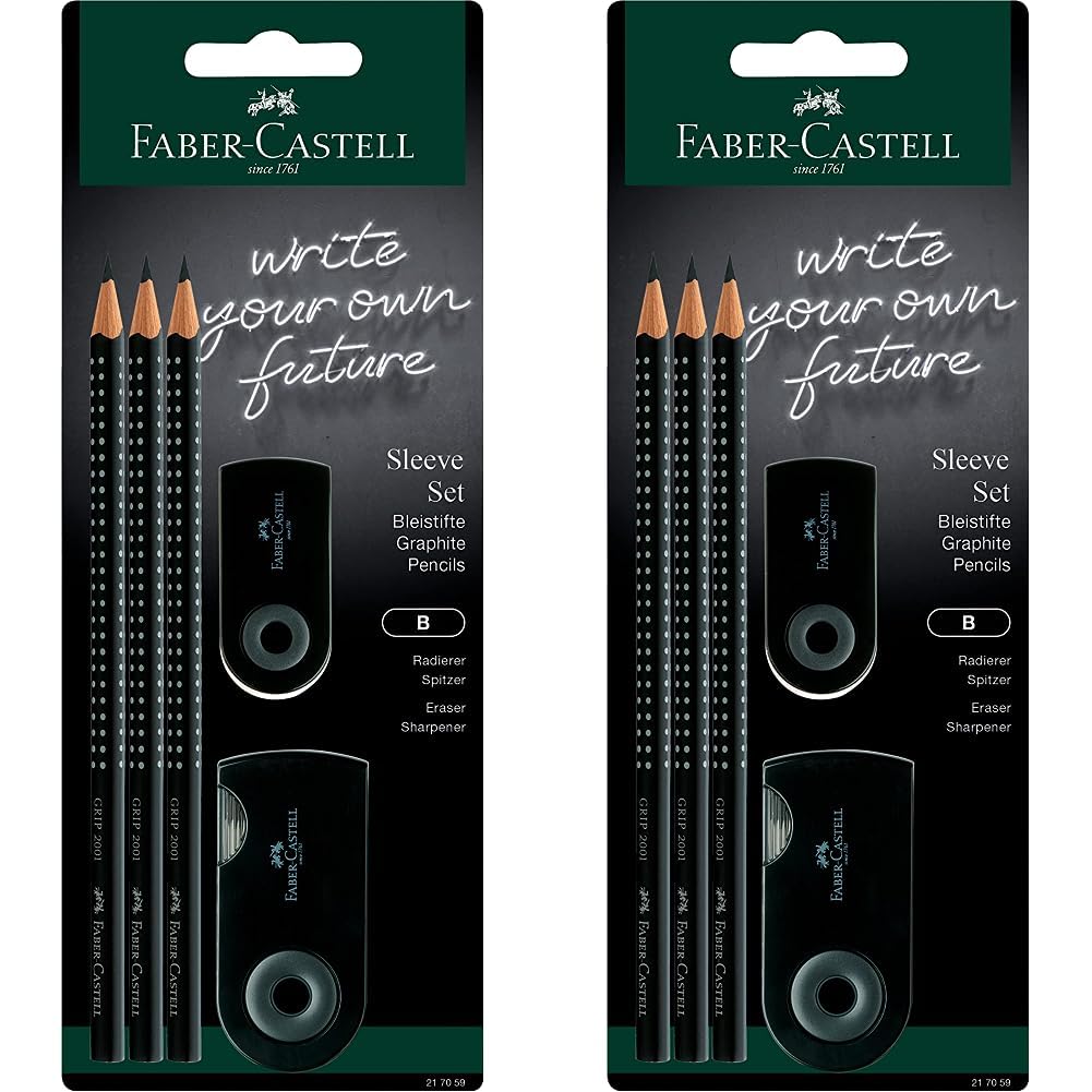 Faber-Castell 217059 - Pencil Set Sleeve, with sharpener, eraser, and 3 pencils, writing set Grip 2001 black (Pack of 2)