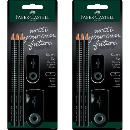 Faber-Castell 217059 - Pencil Set Sleeve, with sharpener, eraser, and 3 pencils, writing set Grip 2001 black (Pack of 2)