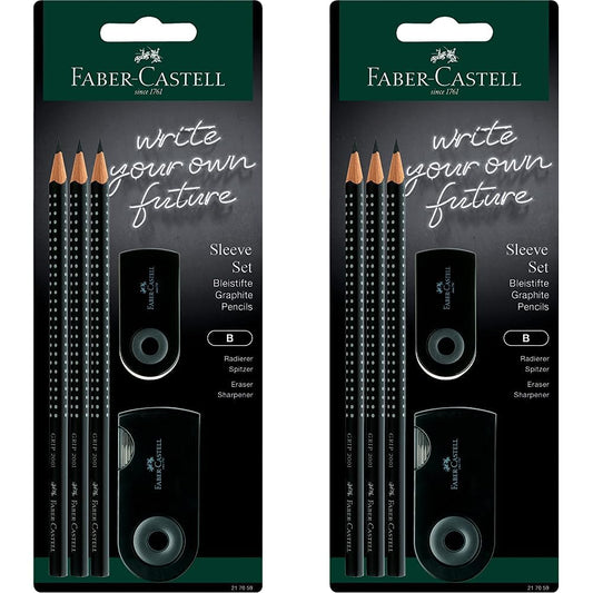 Faber-Castell 217059 - Pencil Set Sleeve, with sharpener, eraser, and 3 pencils, writing set Grip 2001 black (Pack of 2)