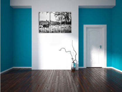 Pixxprint Deer in Sunset Canvas Print 3 Piece, Overall size: 120x80cm, Wall Art, Decoration, Ready to Hang, Not a Poster