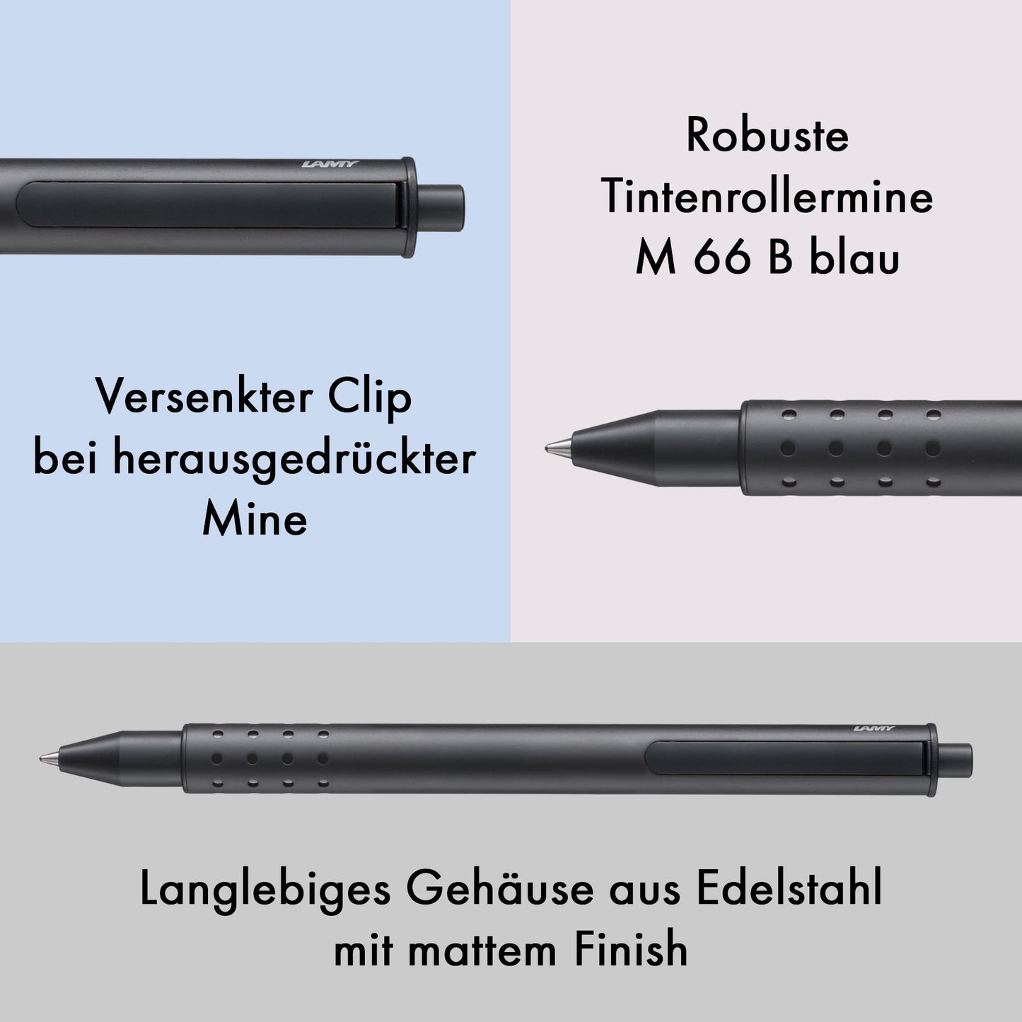 Lamy swift black rollerball pen - simple design with smooth writing feel - durable stainless steel body & B line width - comes with M 66 rollerball refill in blue.