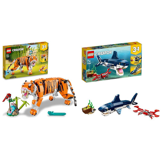 LEGO 31129 Creator Majestic Tiger, Panda or Fish & 31088 Creator Deep Sea Creatures, toy with sea animal figures: Shark, Crab, Squid, and Anglerfish, set for kids ages 7+.