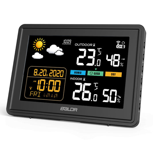 Consen weather station with outdoor sensor DCF radio clock, color display with large numbers for indoor and outdoor temperature, continuous backlight, weather forecast, air pressure display.