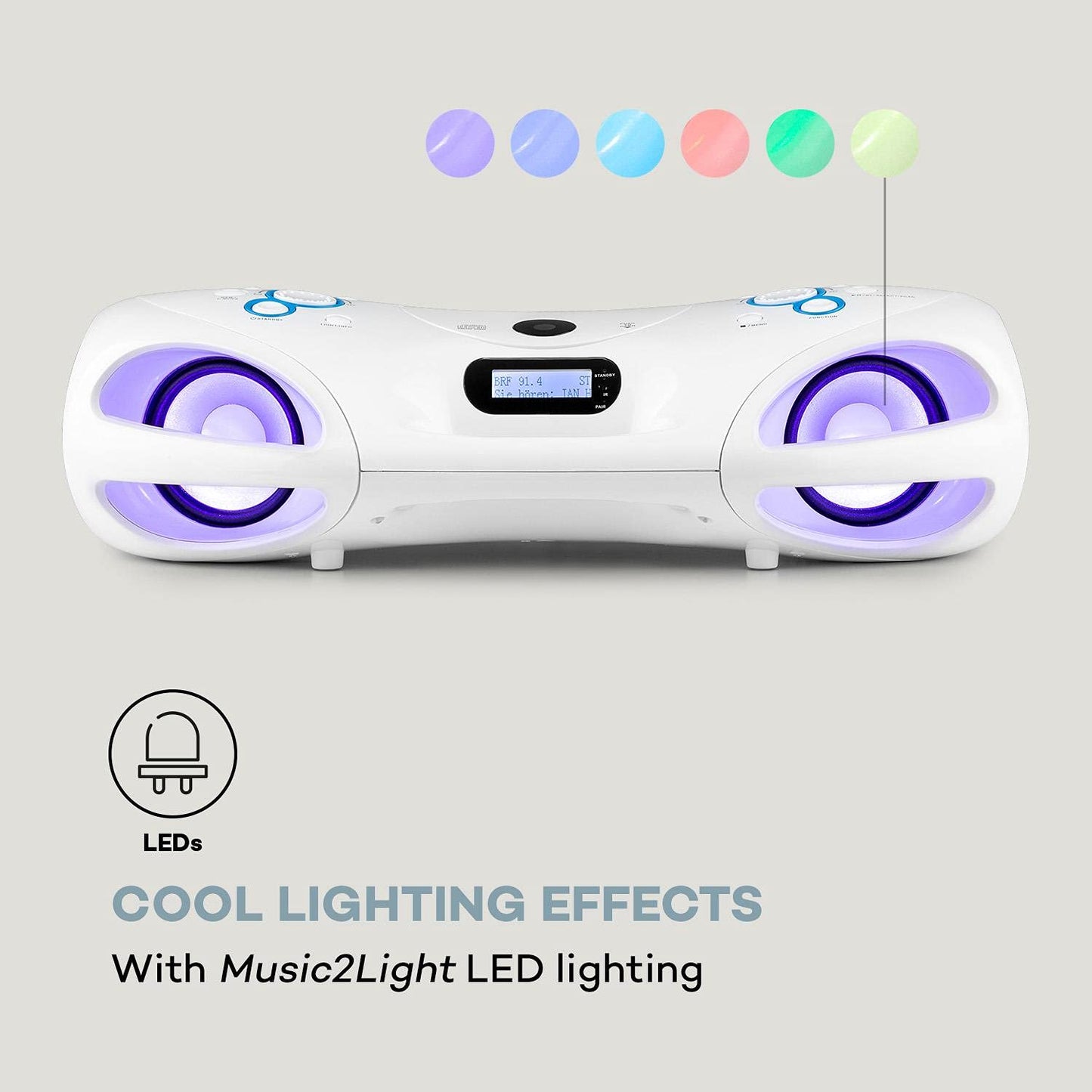 auna Spacewoofer DAB Boombox with CD player - portable speaker, music box, 40 watts, FM radio, DAB+, Bluetooth, USB, AUX IN, LED light effects, can be powered by mains or batteries, includes remote control, white