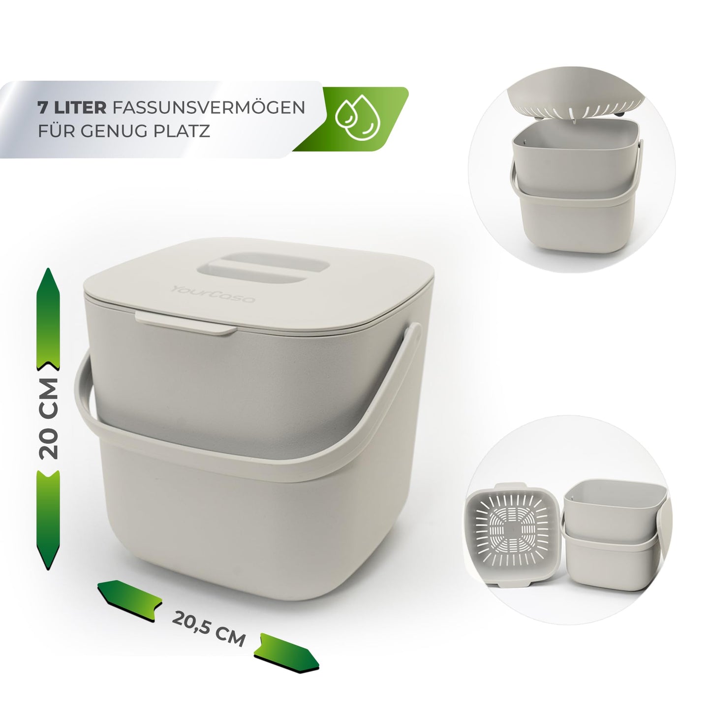 YourCasa kitchen compost bin - 7L - for everyday organic waste - dishwasher safe - odor-proof - sieve - small bio bin with lid organic waste container compost bin (beige)