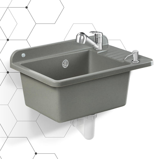 GOSPO Polypropylene sink, 50.5 x 34 x 26.5 cm, with faucet, siphon, soap dispenser, household utility sink (Grey)