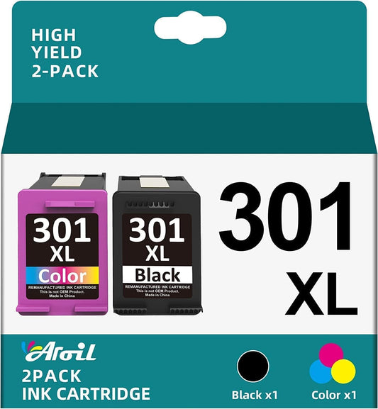 301XL Multipack replacement for HP 301 printer cartridges for HP 301 XL black cartridges for HP Envy 4500 5530 4504 4502 Deskjet 2540 2544 2549 3050 Officejet 4630 4632 2620 (1 black, 1 color, 2-pack)
