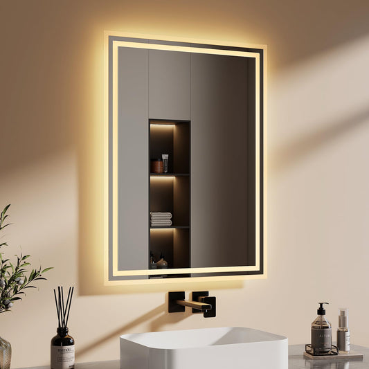 EMKE bathroom mirror with lighting 80x60cm. Fog-free mirror with 2 light colors, tilt switch, warm white/cold white light. Can be hung horizontally or vertically.