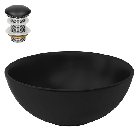 ML-Design Ceramic Basin in Matte Black Ø32x13.5cm Round incl. Drain without Overflow, Modern Countertop Washbasin Washbowl Washplace Handwashbasin, for Bathroom/Guest WC.