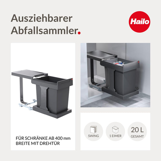 Hailo Waste Bin 3636001 | Solo model with pull-out mechanism | 20 liter inner bucket | for cabinets from 400mm width with hinged door | Anthracite