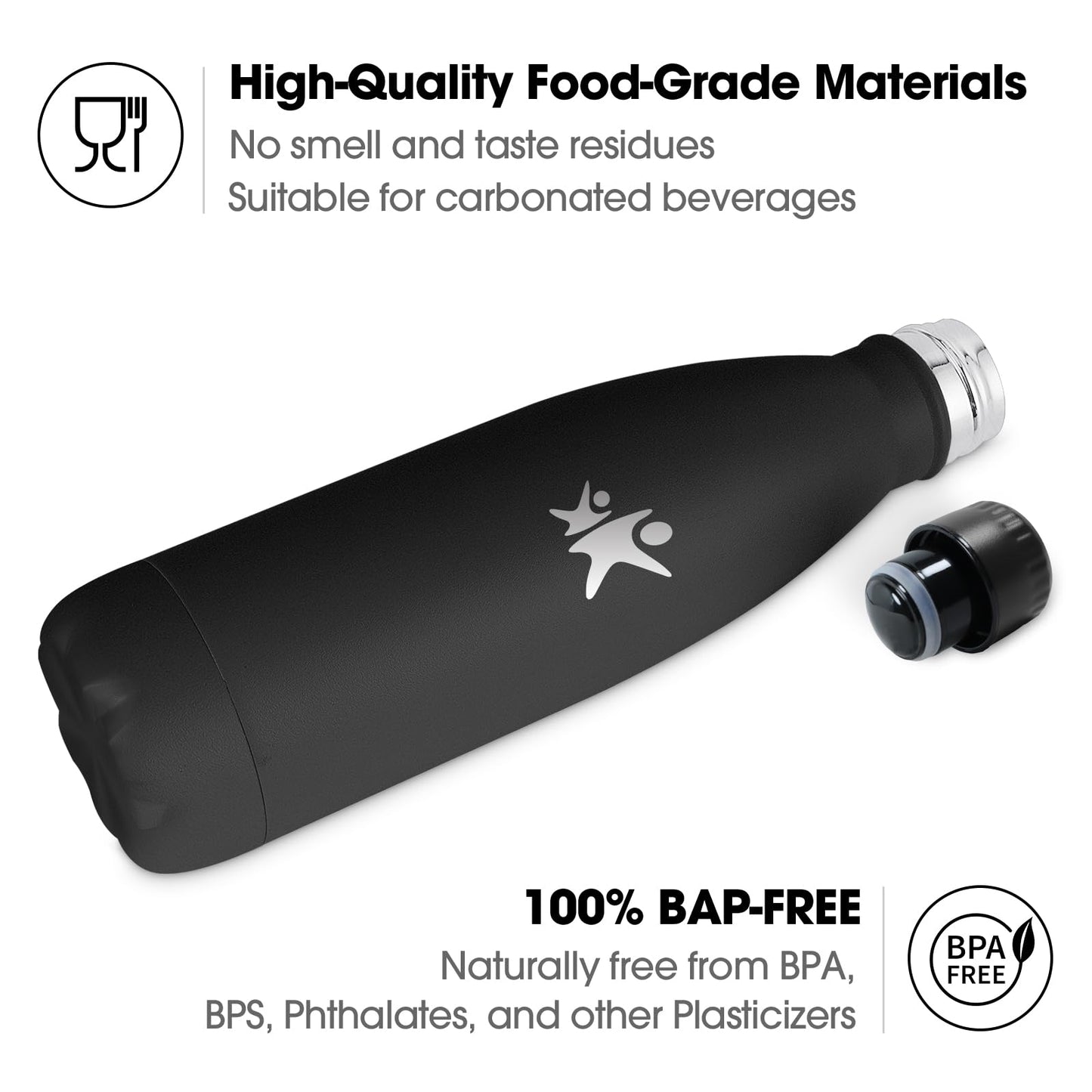 KollyKolla Stainless Steel Kids Water Bottle, 500ml, Vacuum Insulated Thermos Flask, Leakproof Thermos Bottle, BPA-Free, Carbonated Water Compatible, for School, Office, Sports, Travel - Black