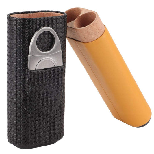 Black leather travel humidor made of cedar wood with 2 tubes and cigar cutter.