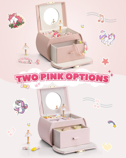 Vlando music box jewelry box for girls with drawers, girl gifts 7 8 years, jewelry storage for kids, ballerina leather jewelry box with canon melody, lockable.