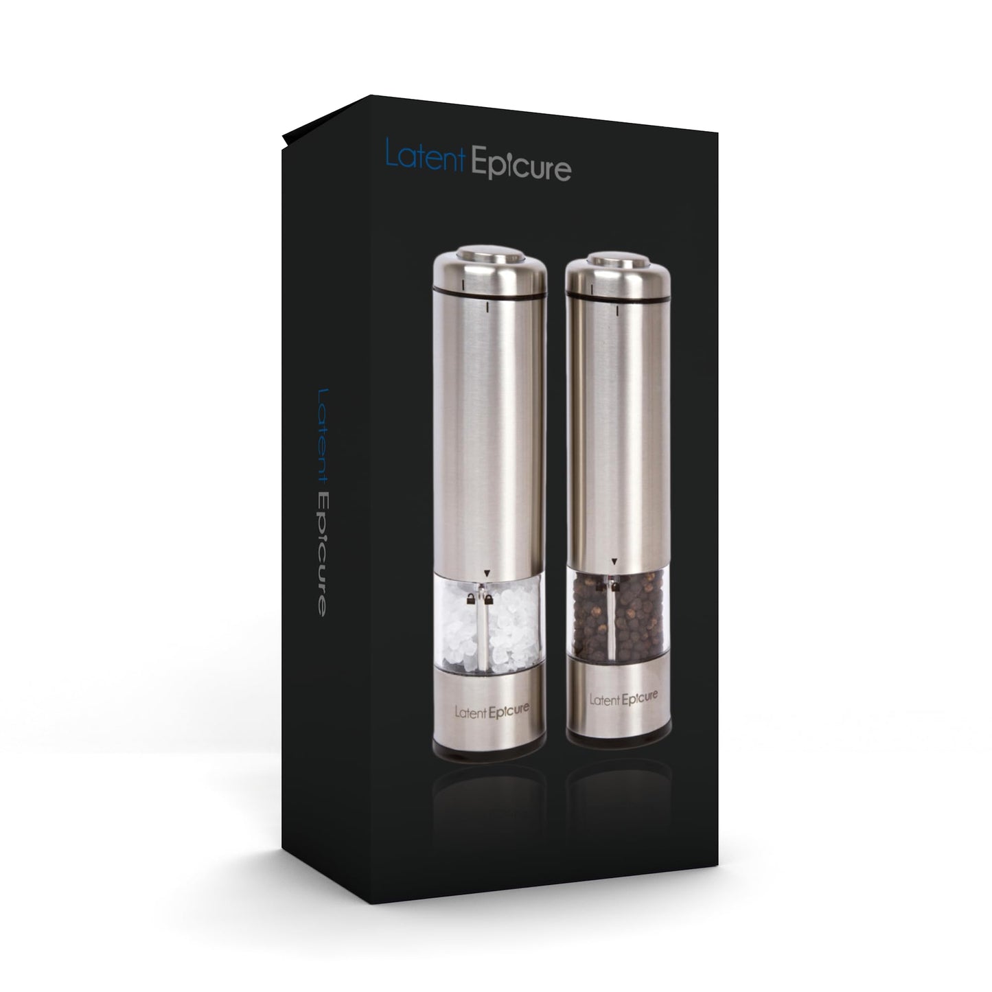 Salt and pepper mill set of 2 | Battery operated | LED light | Adjustable fineness | Includes FREE stand - by Latent Epicure