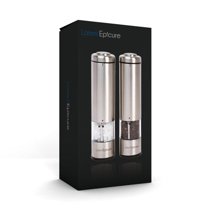 Salt and pepper mill set of 2 | Battery operated | LED light | Adjustable fineness | Includes FREE stand - by Latent Epicure