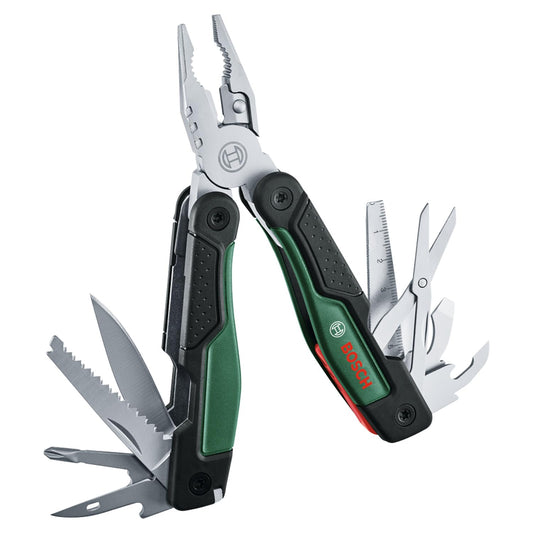 Bosch 16-in-1 Multi-Tool (multifunctional tool for DIY, outdoor, and camping; stainless steel; locking function; softgrip; 16 functions: pliers; screwdriver; knife; saw, etc.)