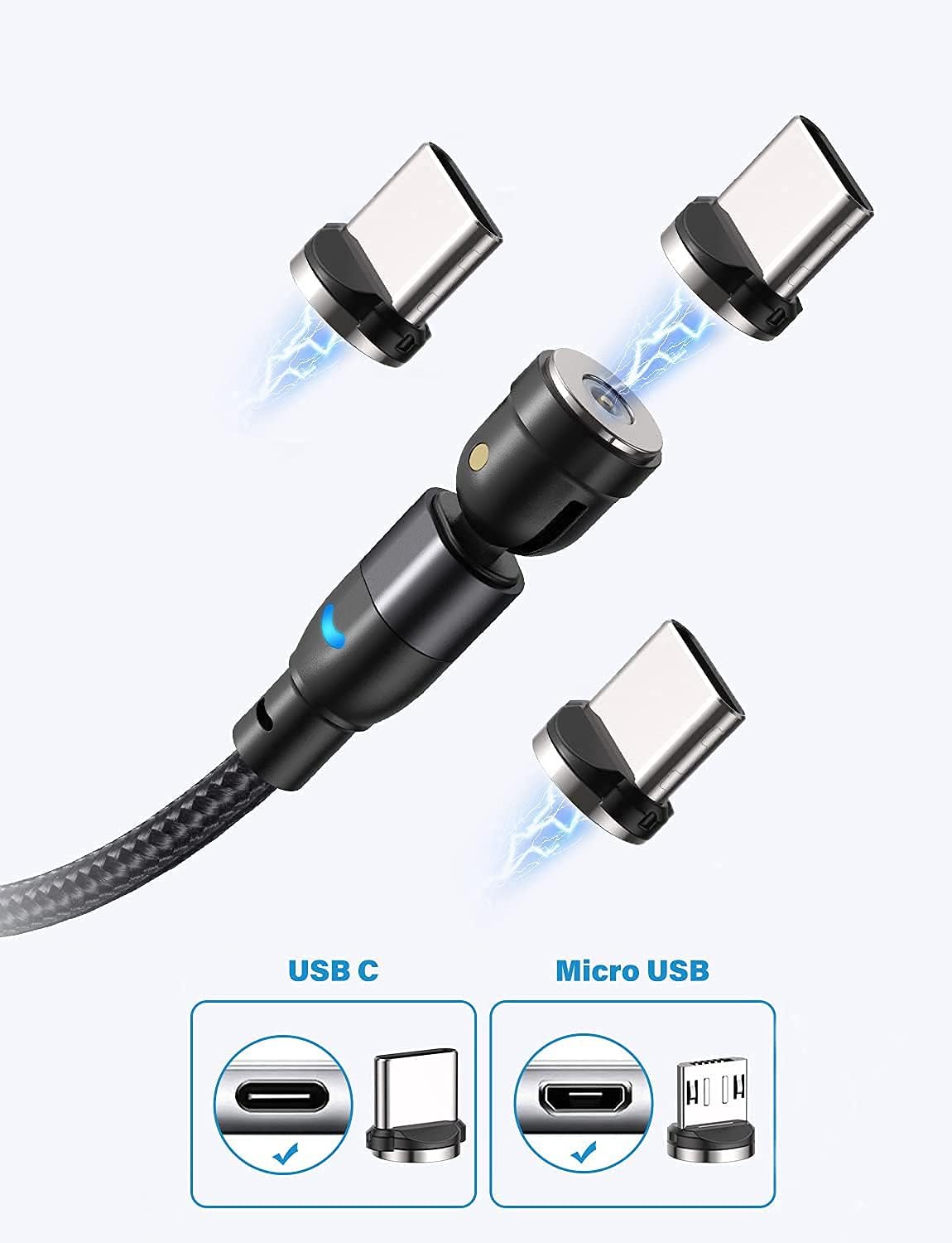 Magnetic charging cable, Magnetic charging cable [6 pieces, 0.5m 1m 1m 2m 2m 3m], USB C Magnetic Cable 360° and 180° Rotatable magnetic cable with Micro USB/Type C for smartphones