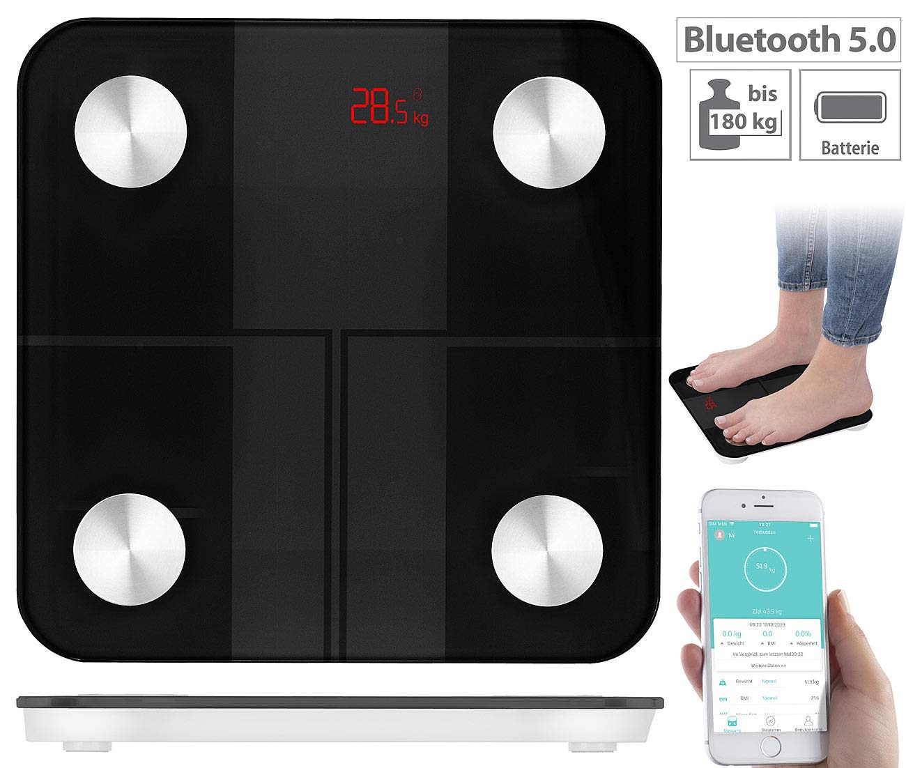 newgen medicals body fat scale: 14-in-1 body analysis scale made of glass, Bluetooth, app, user recognition (bathroom scale, body scales, senior friendly)