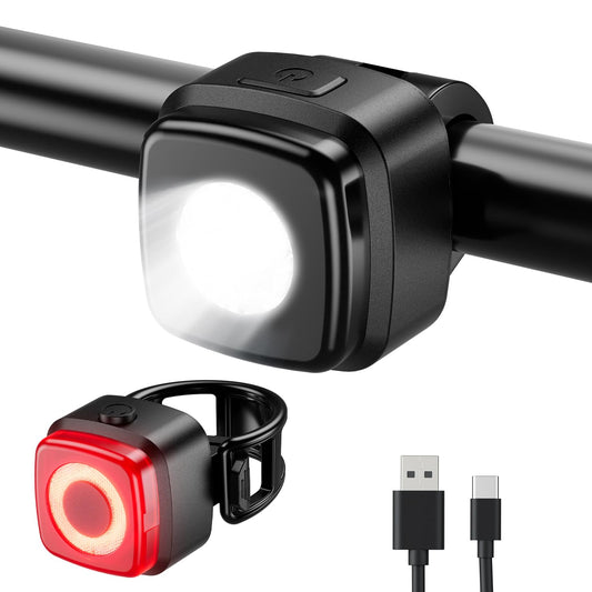 OnMeto Bike Light Set, IPX5 Waterproof Front Bicycle Lamp Rear Light Bicycle Light Set, USB Type-C Rechargeable Bike Lights Set for Bicycle (Black)