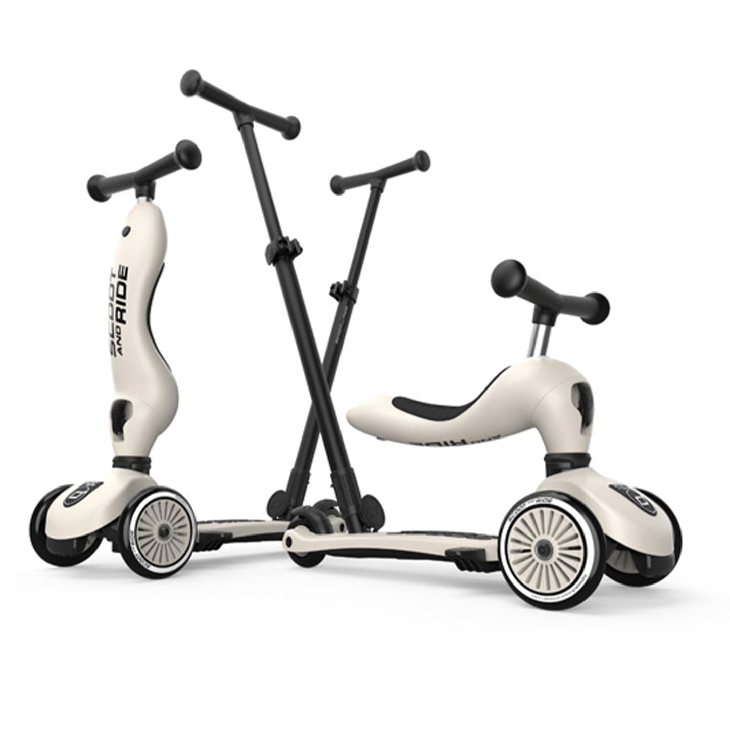 Scoot & Ride Highwaykick 1 Push and Go - 2in1 scooter & balance bike with push bar, adjustable height, for ages 1+, includes safety pad & footrests, color: Ash.