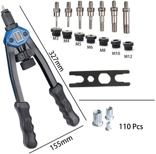 YWHWXB Rivet Nut Tool, 33cm Hand Rivet Nut Setter Kit - 110Pcs Heavy Duty Rivet Nuts M3-M12 and 7 Metric & Inch Mandrels Kits with Rugged Carrying Case