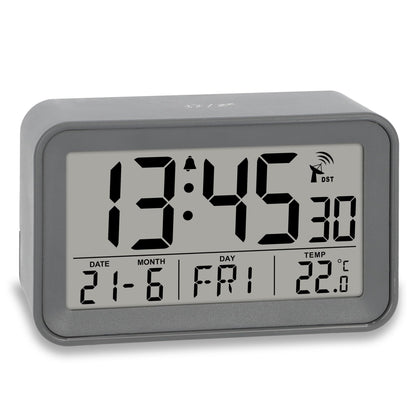 ADE Digital Alarm Clock with Light | Clock with temperature and calendar display | compact travel alarm clock | pretty matte gray case | with battery