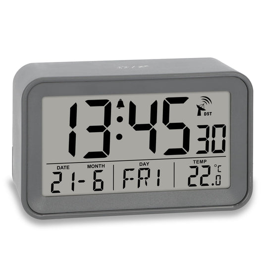 ADE Digital Alarm Clock with Light | Clock with temperature and calendar display | compact travel alarm clock | pretty matte gray case | with battery