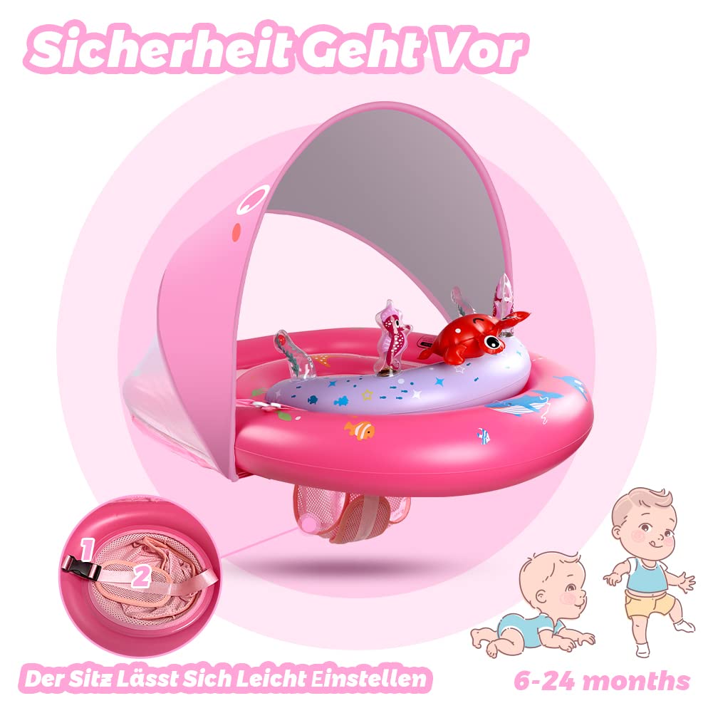 LAYCOL Baby Swimming Ring with UPF50+ Sunshade & Toy, Adjustable Safety Seat, Toddler Pool Swim Ring for 3-36 Months (Pink, L)