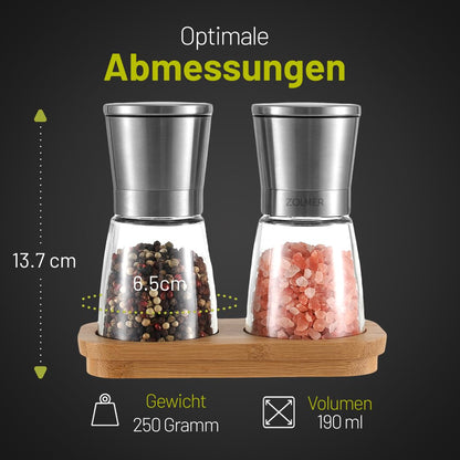 Zolmer® Salt and Pepper Mill with Bamboo Stand - Spice Mill Set of 2 made of Stainless Steel & Glass - Ceramic Grinder, adjustable, refillable & stylish for any kitchen.