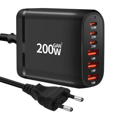 USB C Charger Multiple, 200W 6-Port GaN USB Fast Charger, PD USB C Power Adapter, QC Charger for MacBook Pro, iPad Pro, iPhone/Galaxy, Tablets, Mobile Phones Power Adapter Plug Charging Plug