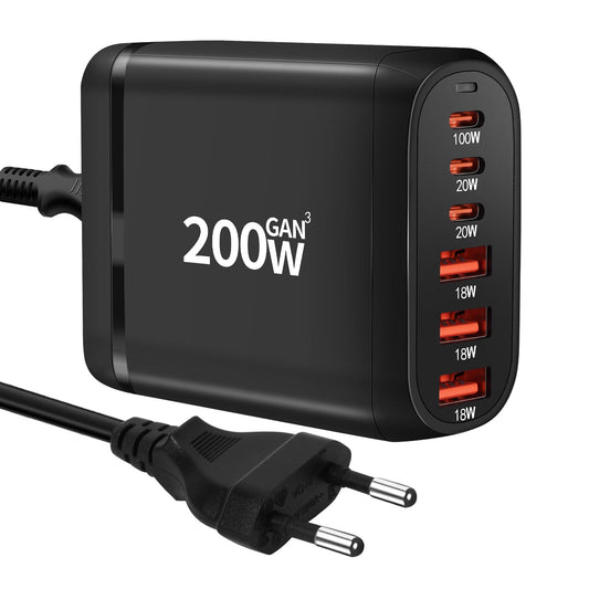 USB C Charger Multiple, 200W 6-Port GaN USB Fast Charger, PD USB C Power Adapter, QC Charger for MacBook Pro, iPad Pro, iPhone/Galaxy, Tablets, Mobile Phones Power Adapter Plug Charging Plug
