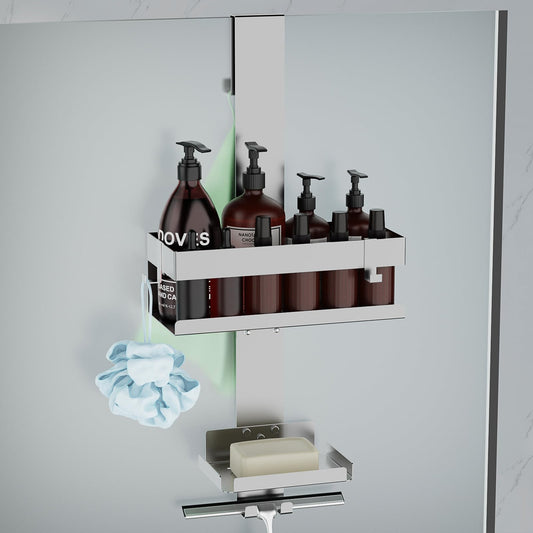Ulioyer Hanging Shower Caddy with Soap Holder, SUS304 Stainless Steel Shower Shelf No Drilling for Frameless Glass Door, Shampoo Shower Gel Holder for Shower (Style B (Silver))
