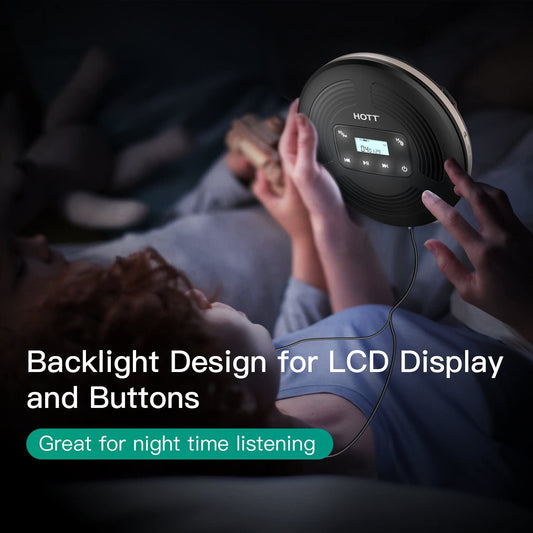 HOTT CD903TF portable rechargeable CD Player with Bluetooth and FM transmitter, suitable for travel, home, and car use. Includes stereo headset and anti-shock function. (black)