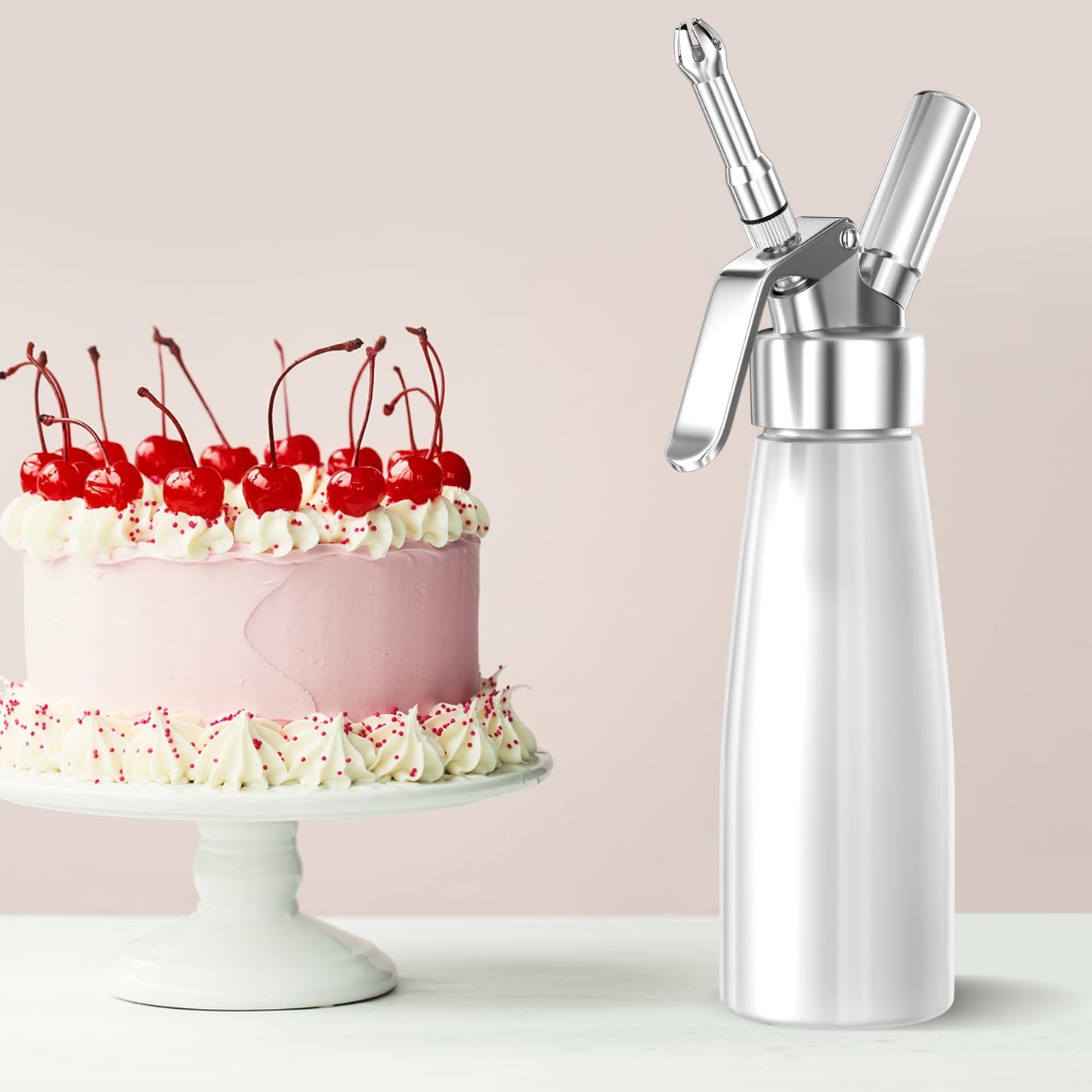 Newaner 500ml cream dispenser, cream syphon aluminum with 3 stainless steel decorative nozzles and 1 cleaning brush, leak-proof cream siphon for preparing whipped cream, cream, mousse, and desserts.