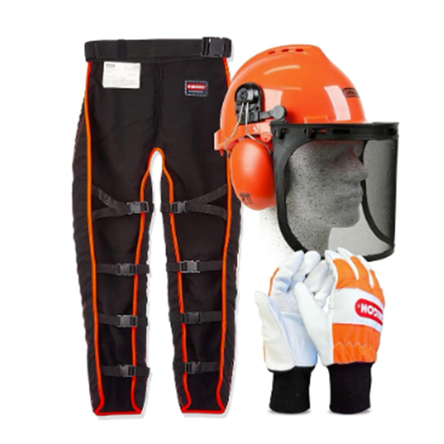Oregon Type A chainsaw protective clothing, including universal chaps/seamless trousers, gloves, and helmet.