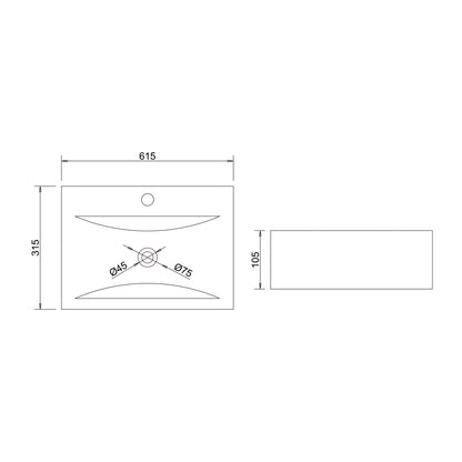 May & May Ceramic White Wall-Mounted washbasin sink with nano-coating/lotus effect. Rectangular dimensions: 61x31x10cm, weight: 118g.