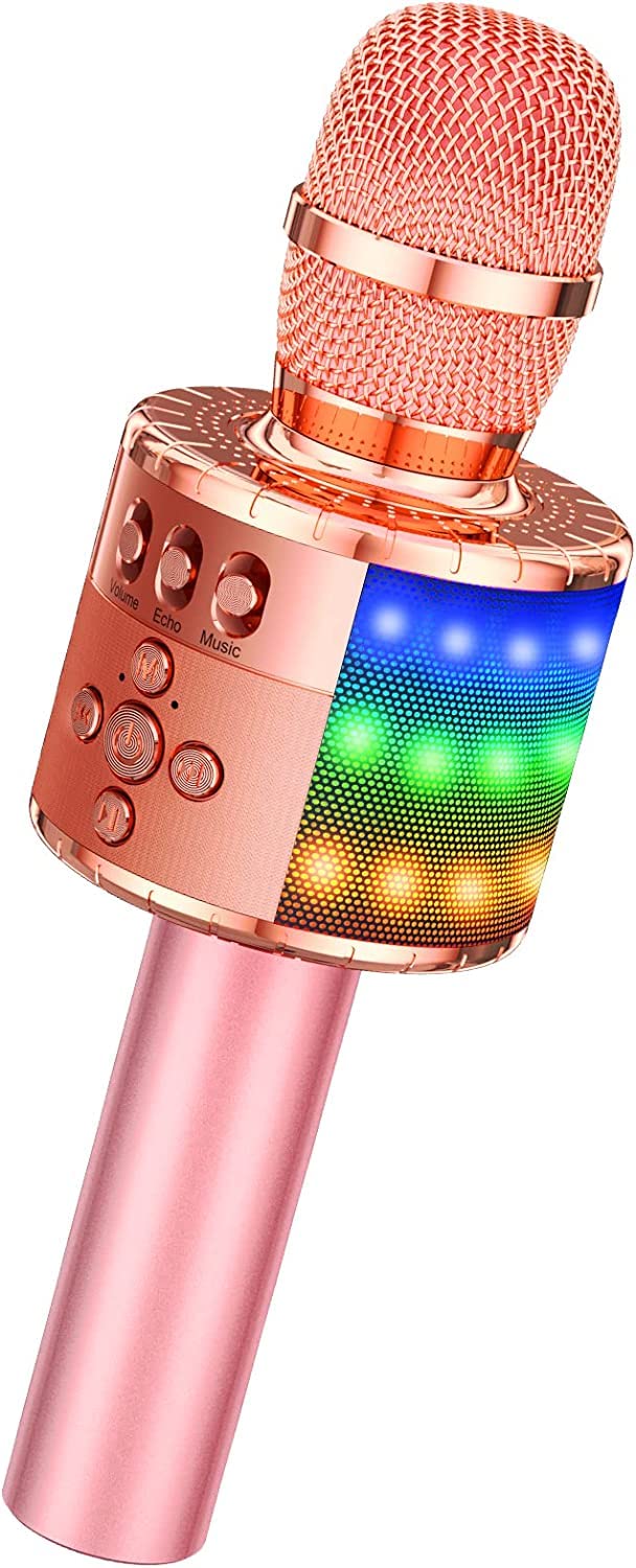 BONAOK Kids Karaoke Microphone, Singing Microphone For Kids, Home KTV Bluetooth Karaoke Machine, Portable Kids Karaoke Microphone Machine, Party Speaker for Smartphone PC (Q78 Rose Gold Plus)