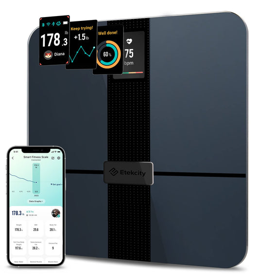 Etekcity body fat scale with large display, measures body fat and muscle mass, accurate bathroom scale with heart rate, unlimited user profiles in the app, WiFi & Bluetooth, USB charging