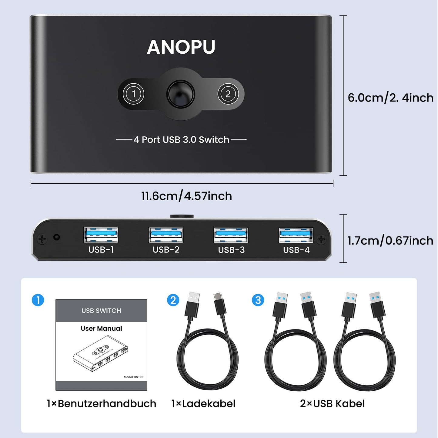 Aluminum USB KVM 3.0 Switch - 2 inputs 4 outputs with 2 high-speed cables - for 4 USB devices like mouse, keyboard, printer, hard drive, flash drive, headsets.
