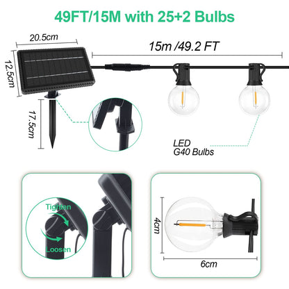 GHUSTAR Solar String Lights Outdoor Bulbs - 15M Outdoor Solar String Lights Weatherproof with 25+2 G40 LED IP65 Waterproof 4 Modes Outdoor Solar String Lights for Balcony Garden Wedding Decor Camping