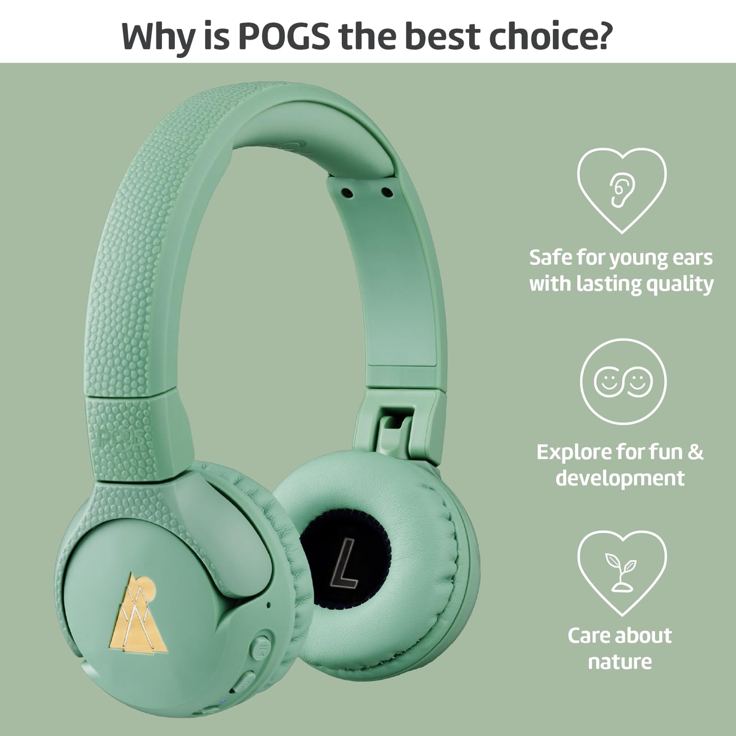 POGS Wireless Bluetooth Kids Headphones | The Gecko 2 | Foldable durable kids headphones for ages 3+ | Volume limit 70-85 dB | Microphone | On-ear | Wireless music sharing feature (Green)