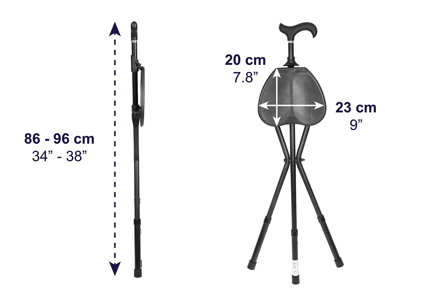 KMINA PRO - Walking Stick with Adjustable Height Seat, Folding Seat, 3 Legs, Chair, Walking Cane