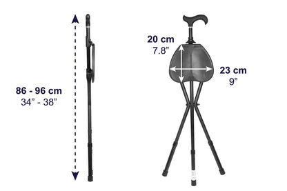 KMINA PRO - Walking Stick with Adjustable Height Seat, Folding Seat, 3 Legs, Chair, Walking Cane