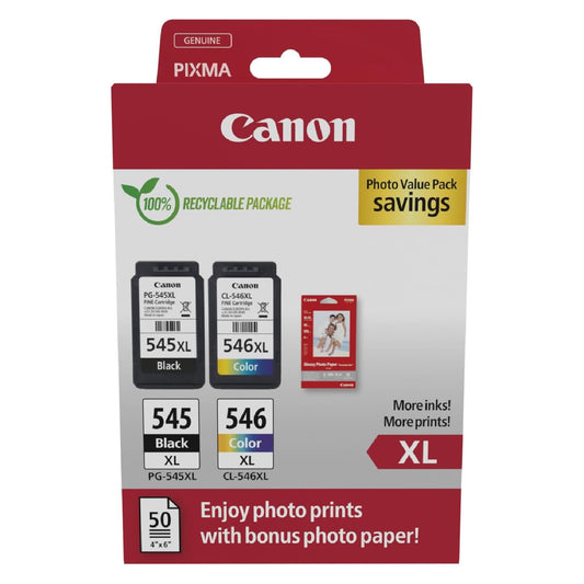 Canon Ink Cartridges & Paper Multipack - PG-545XL/CL-546XL Original Printer Cartridges 2-Pack (1 x Black, 1 x Color) & 4x6 Photo Paper (50 Sheets)