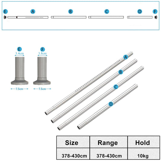 Telescopic Rod No Drilling, 378-430cm Extendable Stainless Steel Shower Curtain Rod for Large Windows/Shower Room (Gray, 378-430cm)