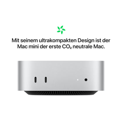 Apple Mac mini desktop computer with M4 chip featuring 10-core CPU and 10-core GPU: 16GB of shared memory, 512GB SSD storage, Gigabit Ethernet. Compatible with iPhone/iPad.